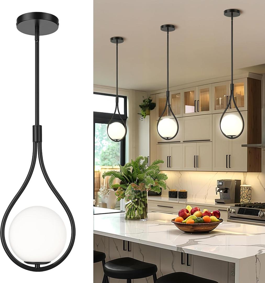 AUTELO Black Pendant Lights Kitchen Island, 1-Light Pendant Lights with Milky White Globe Glass, Modern Pendant Light Fixtures, Black Hanging Lamp for Kitchen Island H9377 MGBK (Milky White Glass, Matte Black) 1 Pack