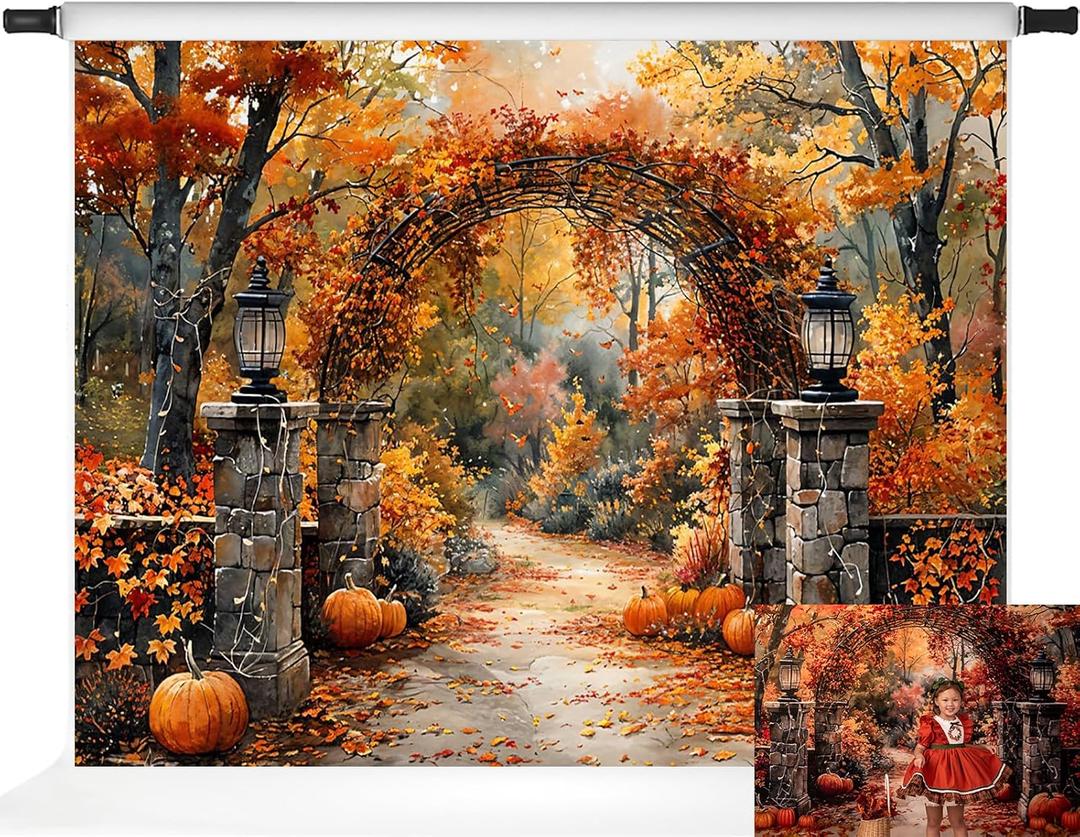 Kate Autumn Stone Arch Backdrops Pumpkin Photo Backdrop Fall Leaves Scenery Photography Backdrops for Seasonal Party Photo Studio Props, 10x6.5ft