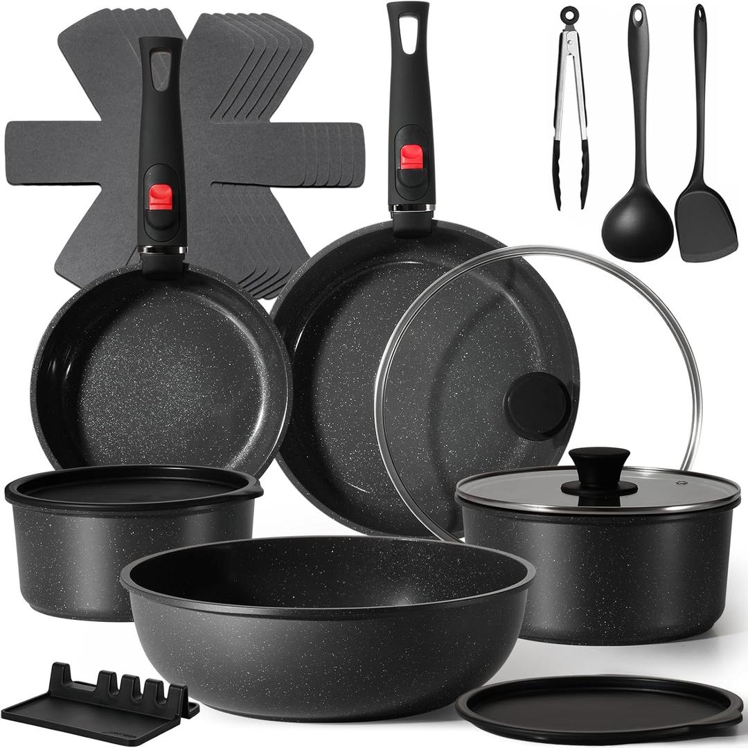 21Pcs Ceramic Pots and Pans Set Non Stick, Kitchen Cookware Set with Detachable Handles, Non Toxic Healthy Cooking Set, Induction Dishwasher Oven Safe, PTFE PFOA PFOS Free, Black