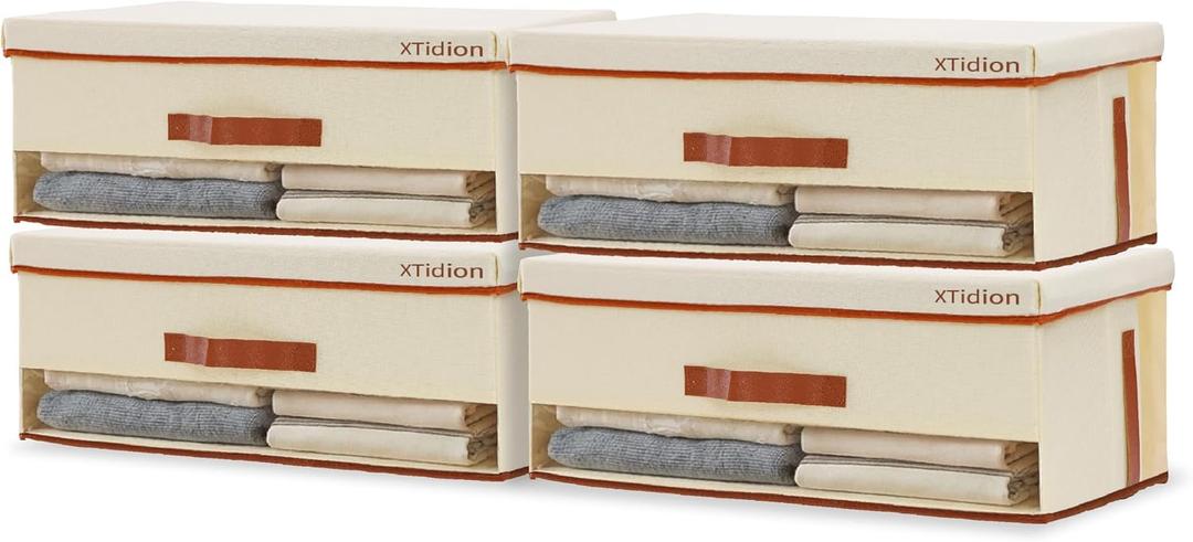 Fabric Storage Box with Clear Window & Handle, 4 Pack Large Foldable Portable Organizer Bin for Clothes, Bedding, Toys, Office Supplies