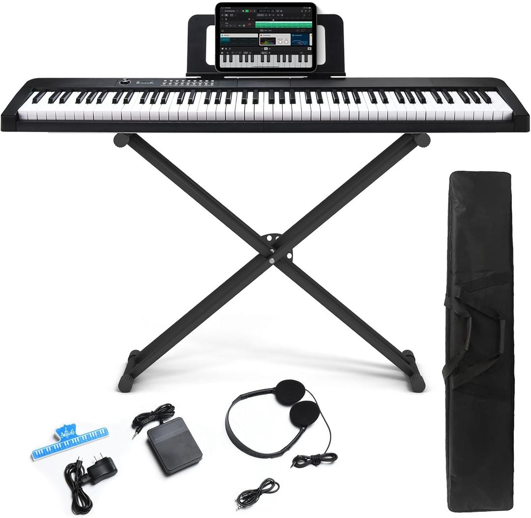 88 Key Digital Piano, Electric Piano Keyboard with Semi Weighted Keys, Keyboard Piano with Sustain Pedal, Power Adapter, Stand, Carrying Case, Headphones, USB-MIDI Compatibility, for Beginner Adults