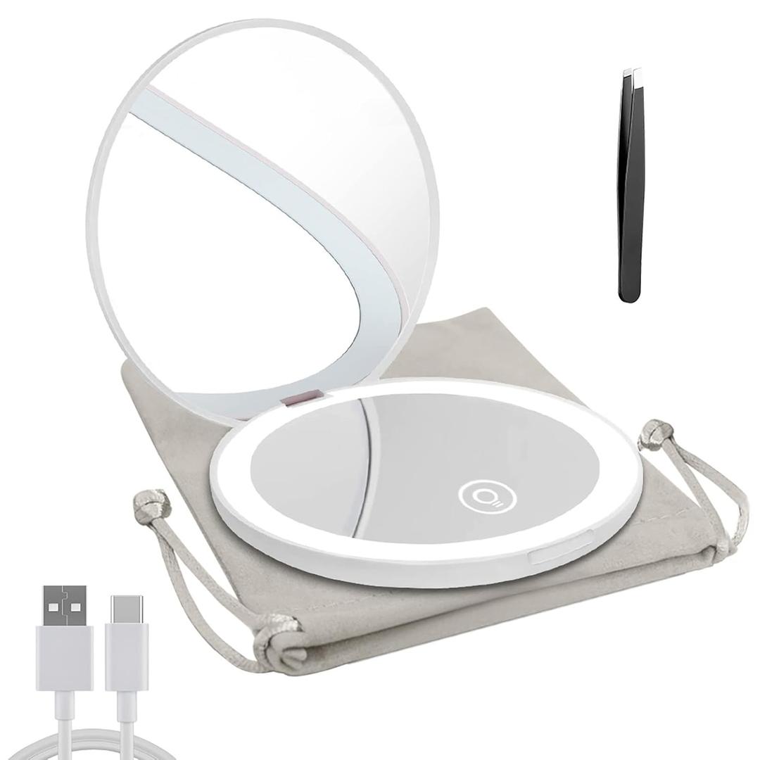 Compact Mirror with LED Light,1x/10x Magnifying Rechargeable Mirror,3.5in, Dimmable Travel Mirror for Purse,Pocket,Handheld 2-Sided Makeup Mirror (White)