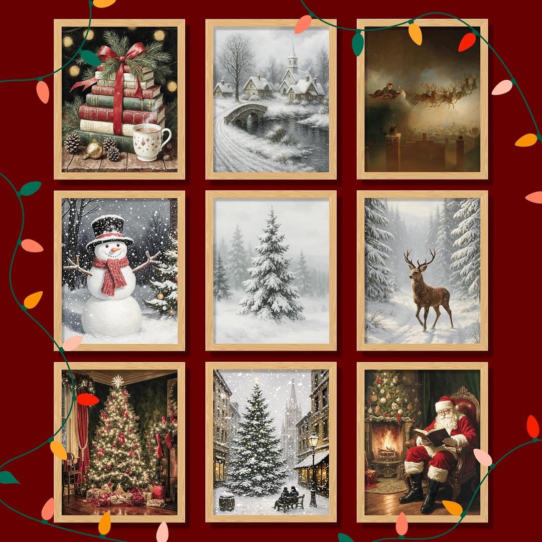 97 Decor Vintage Christmas Wall Art Prints Unframed - 9 Moody Christmas Pictures Wall Decor Aesthetic, Holiday Poster Winter Art, Reindeer Pine Tree Photo Santa Artwork, Retro Xmas Painting