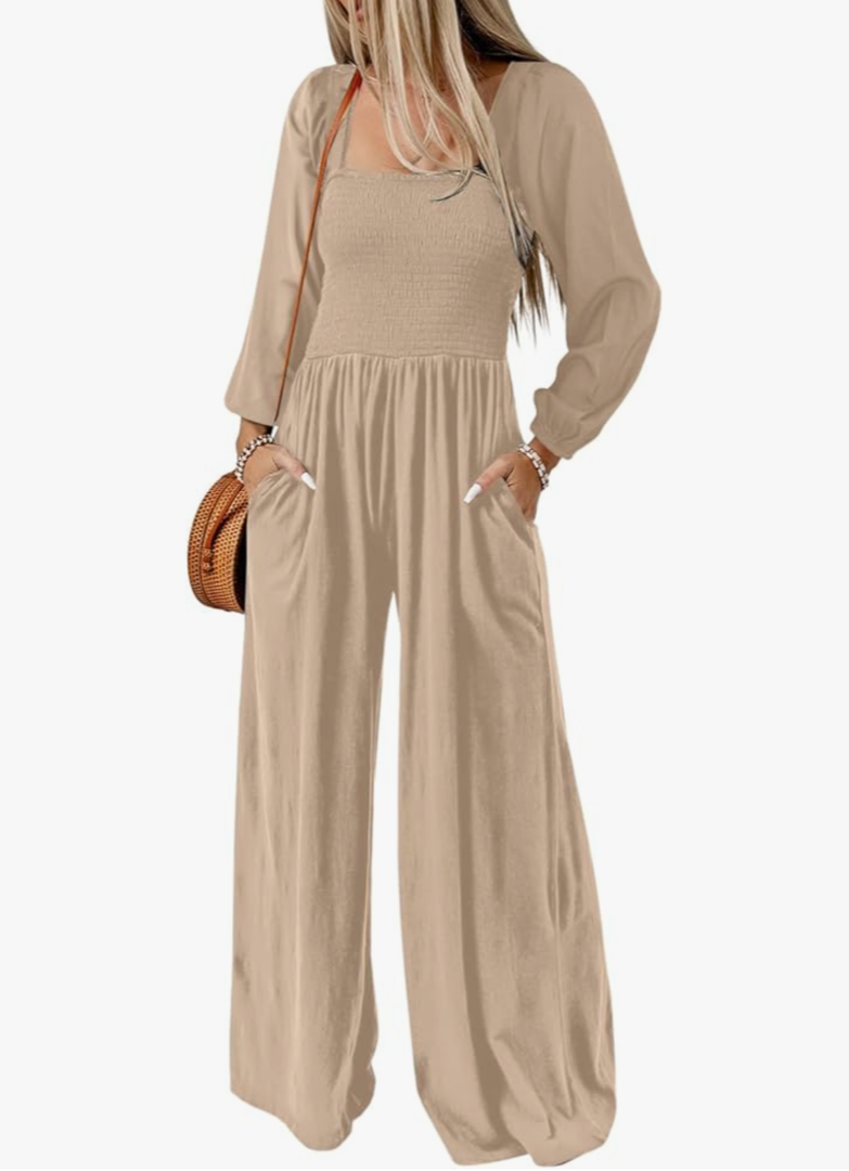 Dokotoo Women's Casual Loose Overalls Jumpsuits One Piece Long Sleeve Wide Leg Long Pant Rompers With Pockets M