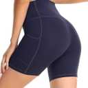YUNOGA Womens High Waist Biker Shorts with Pockets 6"/8" Yoga Shorts Gym Workout Running Spandex Shorts (Blue, XS)