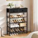 Shoe Rack for Entryway, 5 Tier Shoe Organizer with 2 Non-Woven Drawers, Metal Storage Shoe Shelf for 16-20 Pairs of Shoes, with Wooden Top and Steel Frame, Shoe Stand for Closet Charcoal
