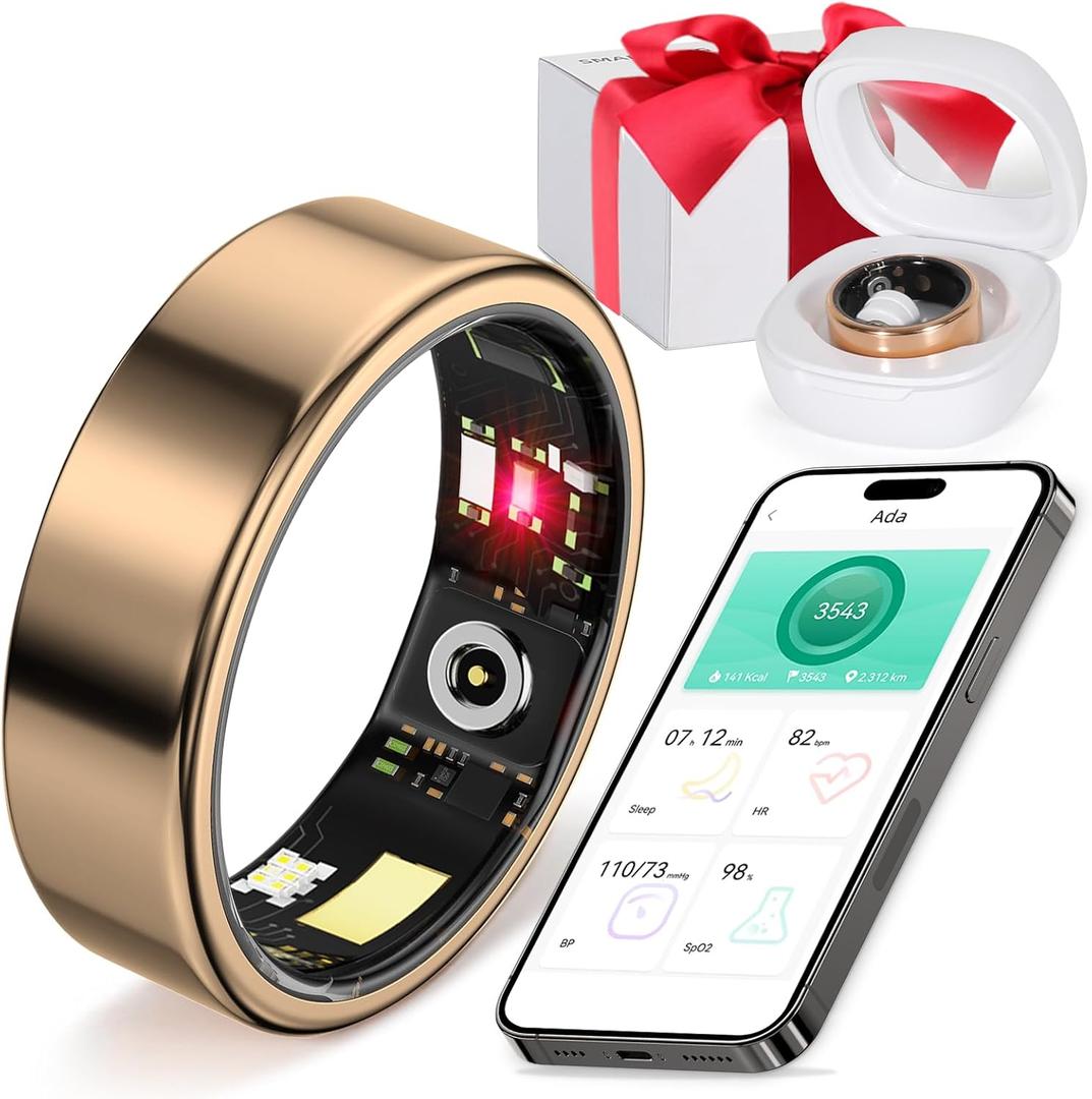 Smart Ring Fitness Tracker Ring for Men Women - Health Sleep Heart Rate Step Blood Oxygen Blood Pressure Tracker, IP68, No App fee, Remote Photography, Utra Battery Life, Family Care (8# 18.14mm)