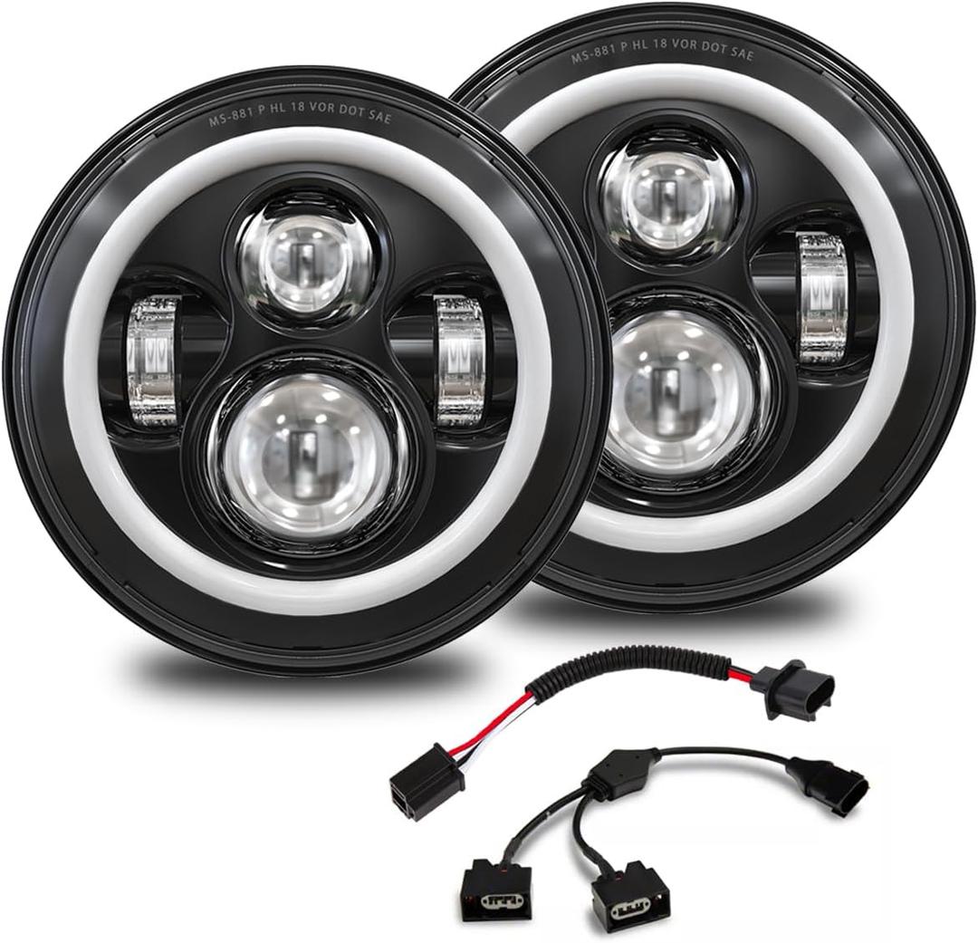 7 Inch Round LED Halo Headlights with Switchback Adapter for Amber Turn Signal White DRL Compatible with 2007-2017 Jeep Wrangler JK JKU- Black