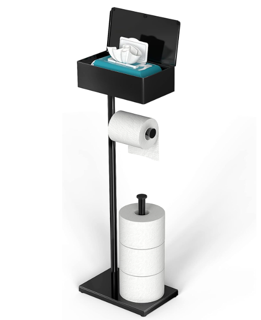 CISILY Black Toilet Paper Holder Stand with Storage Shelf, Free Standing Toilet Paper Roll Holders, Bathroom Toliet Tissue Holder Accessories Essentials