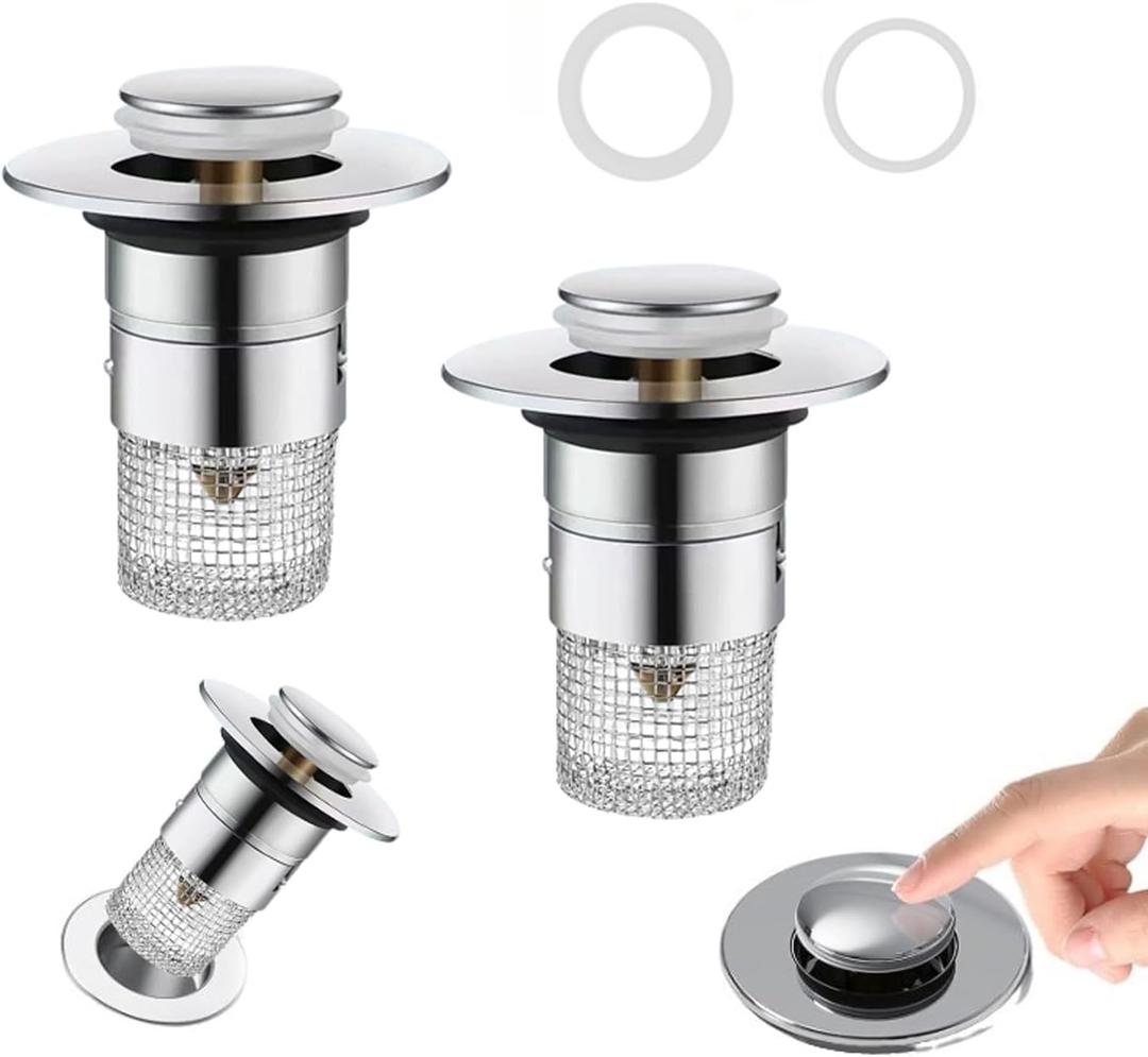 3 x Bathroom Sink Drain Strainer, Pop Up Sink Drain Strainer with Removable Stainless Steel Filter Basket Hair Catcher, Universal Drain Plug for Bathroom Sink Stopper Replacement (2 pcs)
