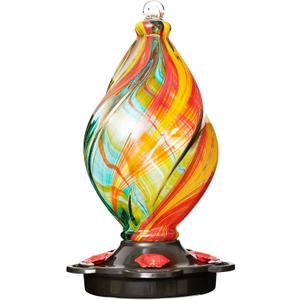LUJII Ice Cream Shaped Spiral Hummingbird Feeder for Outdoors Hanging, Hand Blown Glass, 28 fl.oz, Leak Proof & Rustproof, Includes an Ant Moat, Unique Garden, Outside & Backyard Decor (Ribbon)