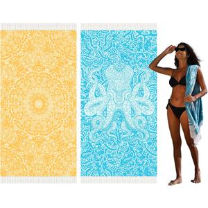 Widdonen Thin Turkish Beach Towel Lightweight Quick Dry Absorbent Cotton Bathroom Bath Pool Swim Towels Extra Large Oversized Sand Free Beach Accessories Essentials Cloud Gifts for Adult (X-Large(79 x 36 inches,200 x 90 cm), 2 Pack Yellow Mandala Blue Octopus)