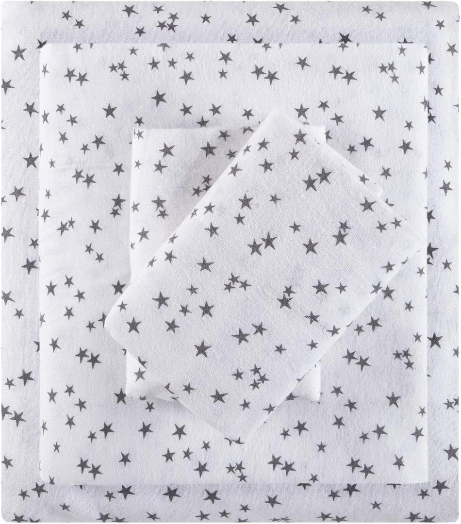 Intelligent Design Cozy Soft 100% Cotton Flannel Print Animals Stars Cute Warm, Ultra Soft Cold Weather Sheet Set Bedding, Queen, Grey Stars 4 Piece