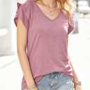 VahRuta Womens Summer Boho Clothes Flowy Tops Floral Shirts V Neck Loose Fit Casual Short Sleeve (Pink, L)