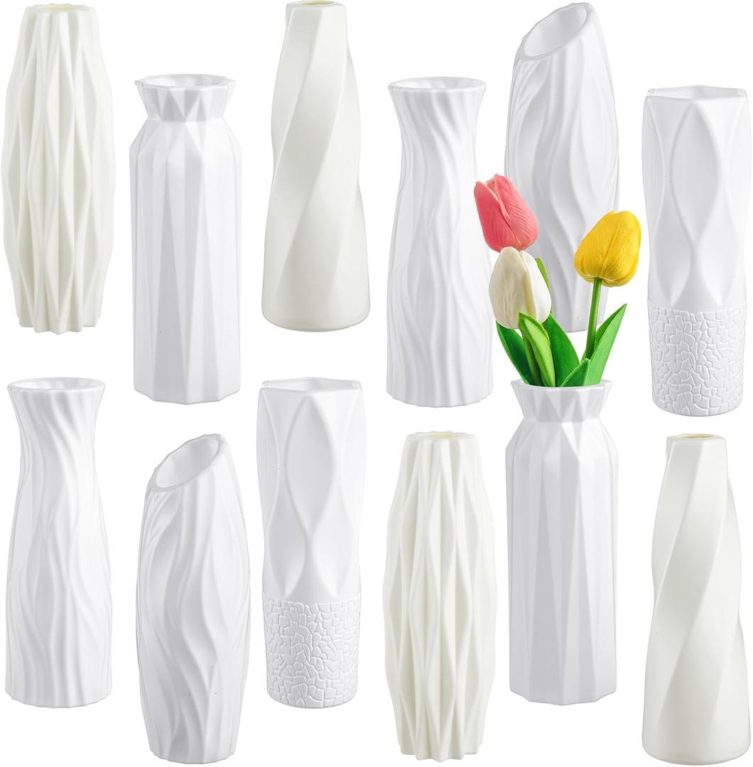 Hoolerry 12 Pcs White Flower Vases Bulk for Centerpieces Plastic White Bud Vase for Flowers Ceramic Look Flower Vase Decorative Tall Unbreakable Vase for Flowers Home Office Table(Retro Style)