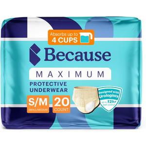 Because Discreet Maximum Adult Incontinence & Postpartum Underwear for Women, High Absorbency, Disposable, Absorbs Up to 4 Cups, Beige, Small/Medium, 20
