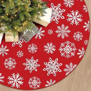 48 Inch Christmas Snowflake Tree Skirt Silver Snowflake Red Christmas Tree Skirt Large Red Round Xmas Trees Mat with Silver Snowflakes for Winter Holiday New Year Party Xmas Trees Home Decor