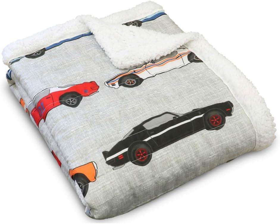 Lush Decor Cars Throw | Fuzzy Reversible Sherpa Blanket with Racing Print Design for Kids-60 x 50, Blue & Orange