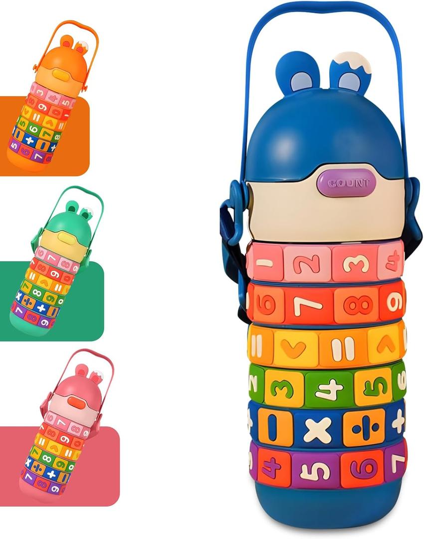 Yenergy 15 oz Kids Math Learning Water Bottle, Educational Thermos with Straw, 316 Stainless Steel Liner, Carrying Strap, Leak-Proof, Fun, Sensory, Puzzle Kid's Birthday Gift (Blue)