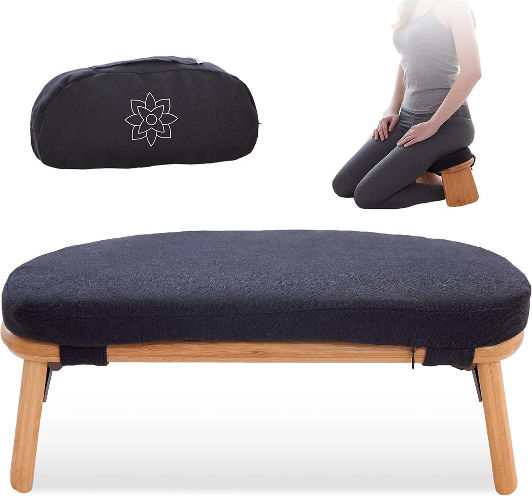 Mindful Modern Folding Meditation Bench - Bamboo Kneeling Stool w/Locking Magnetic Hinges - Prayer Kneeler Seiza Chair w/Soft Pillow & Travel Bag, With Pillow