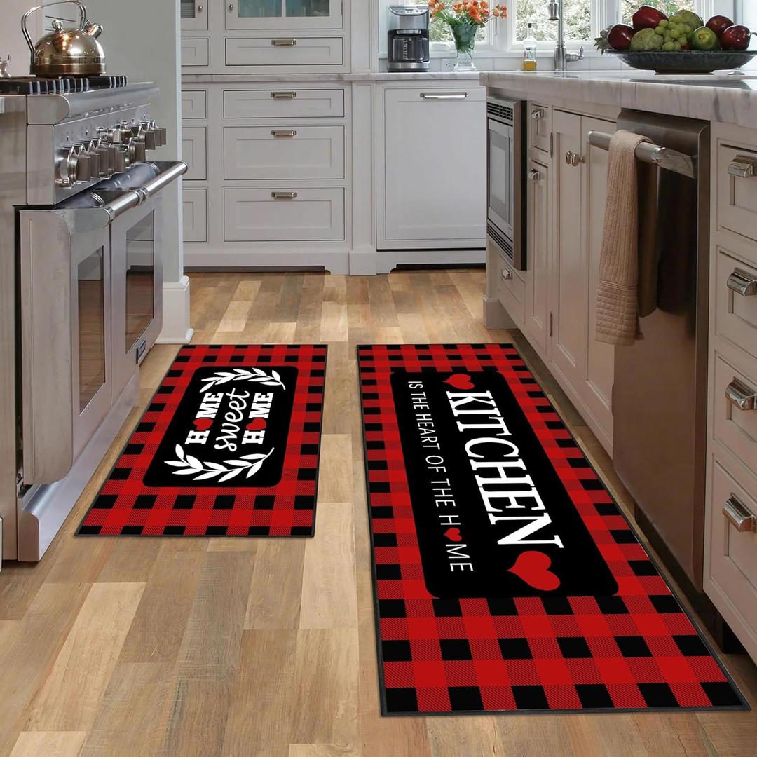 Red and Black Buffalo Plaid Kitchen Rug Set of 2, Farmhouse Style Kitchen Floor Mats, Absorbent Checkered Kitchen Decor Rugs 17x30+17x47 Inches