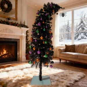HipTree 5ft Prelit Black Halloween Nightmare Before Christmas Tree with 100 Orange Led Lights,Tinsel Light Up Tree, Xmas Lighted Pencil Tree with 278 Tips,Spider Ornament,Metal Stand,Plug-in