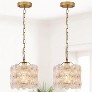 2-Pack Gold Glass Pendant Light Modern 1-Light Flower Small Ceiling Pendant Lighting for Kitchen Island Sink Dining Room Bedroom Entryway Hallway, E26