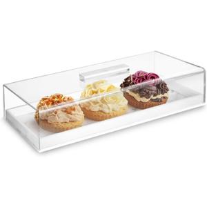 Clear Acrylic Rectangular Serving Tray with Lid - Grey Black Marbleized Grain Cake Holder, Cake Stand Display Set for Cheese, Chips, Fruit Platter
