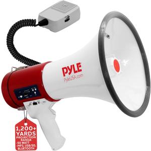 Pyle Megaphone 50-Watt Siren Bullhorn - Bullhorn Speaker w/ Detachable Microphone, Portable Lightweight Strap & Rechargeable Battery - Professional Outdoor Voice for Police & Cheerleading - PMP57LIA