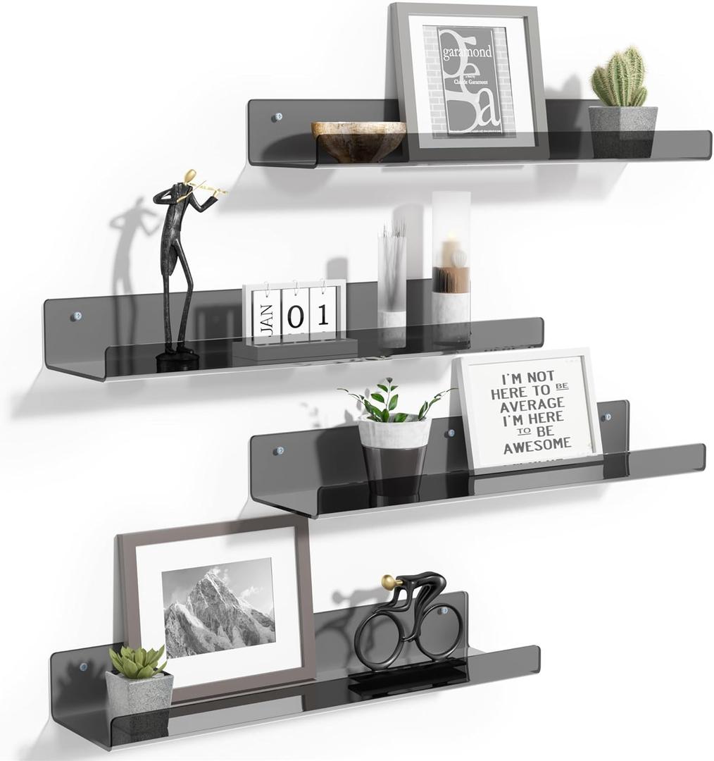 Upsimples Acrylic Shelves for Wall Decor, 15" Display Shelf Perfume Organizer for Bathroom, Bedroom, Living Room, Floating Bookshelves for Kids, Clear Black, 4 Pack