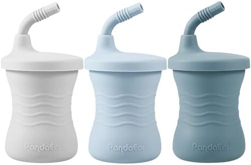 PandaEar Silicone Training Cup, 3 Pack Baby Drinking Sippy Cups with Straw for Baby and Toddler 6 Months+ (Dark Blue/Light Blue/Gray)