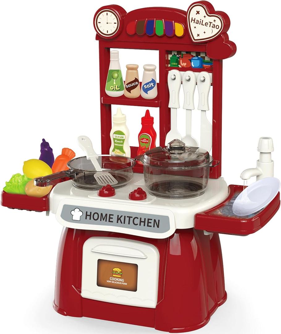 Kitchen Set for Toddler with Sound and LightPretend Cooking Food Set,Kids Kitchen PlaysetPlay Sink with Running Water and Electronic Induction StoveKitchen Accessories (red Kitchen Set)