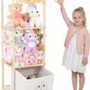 Stuffed Animal Storage with Removable Fabric Bins & Locking Wheels, 2-in-1 Wooden Toy Organizer and Display Shelf - Space-Saving for Playroom, Bedroom, Nursery