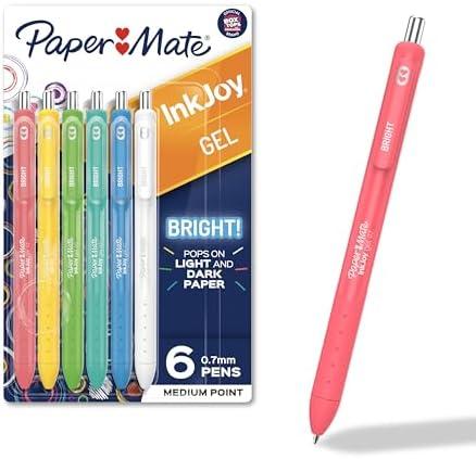 Paper Mate InkJoy Bright Gel Pens Medium Point (0.7mm) Retractable Assorted Opaque Ink 6-Pack Comfortable Grip Vivid Colors