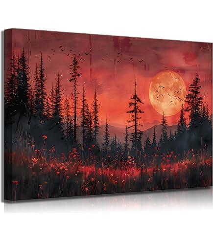 Zoirvix Red Full Moon Forest Canvas Wall Art 16x24 Inch