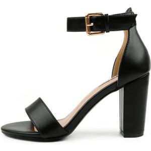 JOY IN LOVE Womens 3.5" Chunky Block High Heels Ankle Strap Heeled Sandals 7.5, Black Matte