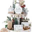Thyle 16 Pcs Winter Tiered Tray Decor Set Hello Winter Snowman Snowflakes Wooden Sign Christmas Tiered Tray Decor Let It Snow Table Centerpieces Rustic Farmhouse Decoration for Table Home Kitchen Gift