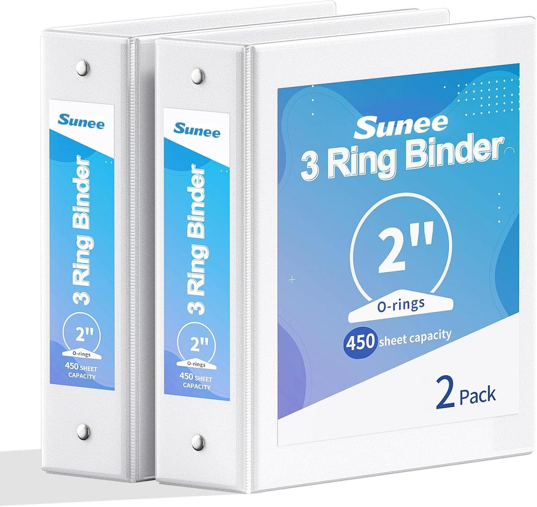 SUNEE 3 Ring Binder 2 Inch 2 Pack, Clear View Three Ring PVC-Free (Fit 8.5x11 Inches) for School or Office Supplies, White