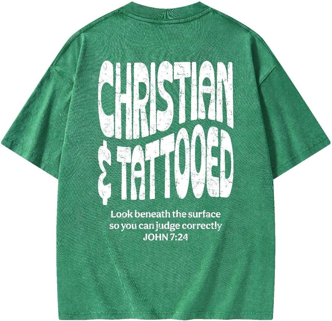 Graphic Tees Summer Women Men Cotton Novelty Oversized Crew Verse in Bible Christian Washed T-Shirt (Green, XL)