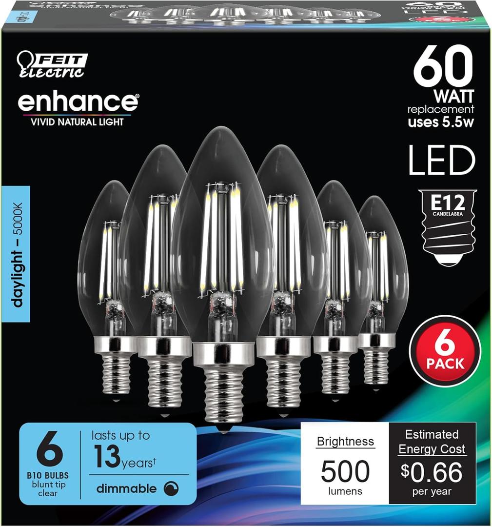 Feit Electric 60W Equivalent Candelabra LED Light Bulb, Dimmable, E12 Base, 5000K Daylight, B10 Filament Torpedo Tip Decorative Lighting Bulbs, 13-Year Lifetime, CTC60/950CA/FIL/6, 6-Pack
