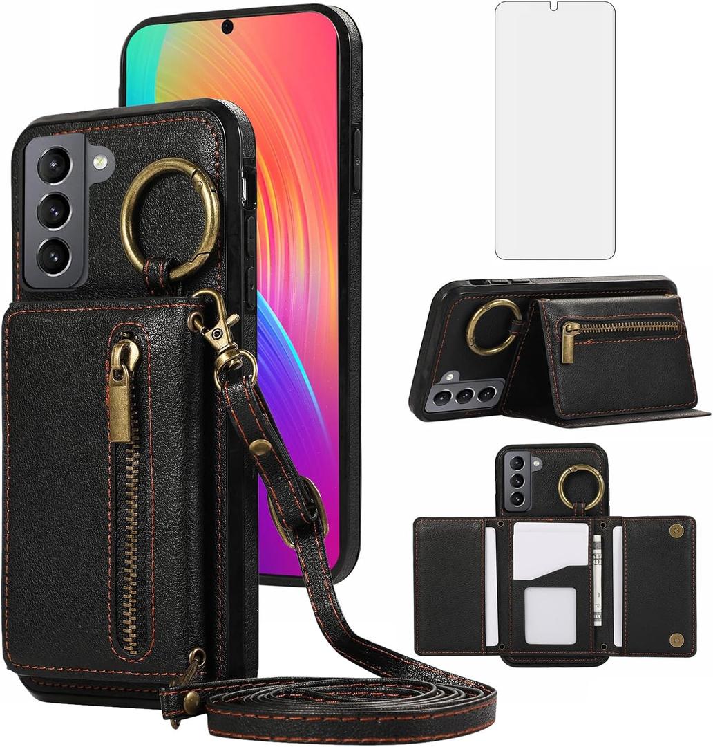 Asuwish Compatible with Samsung Galaxy S22 Plus S22+ 5G Wallet Case with Screen Protector and Crossbody Shoulder Strap Buckle Card Holder Cell Phone Cover for S22+5G S22plus 22S + S 22 22+ Women Black