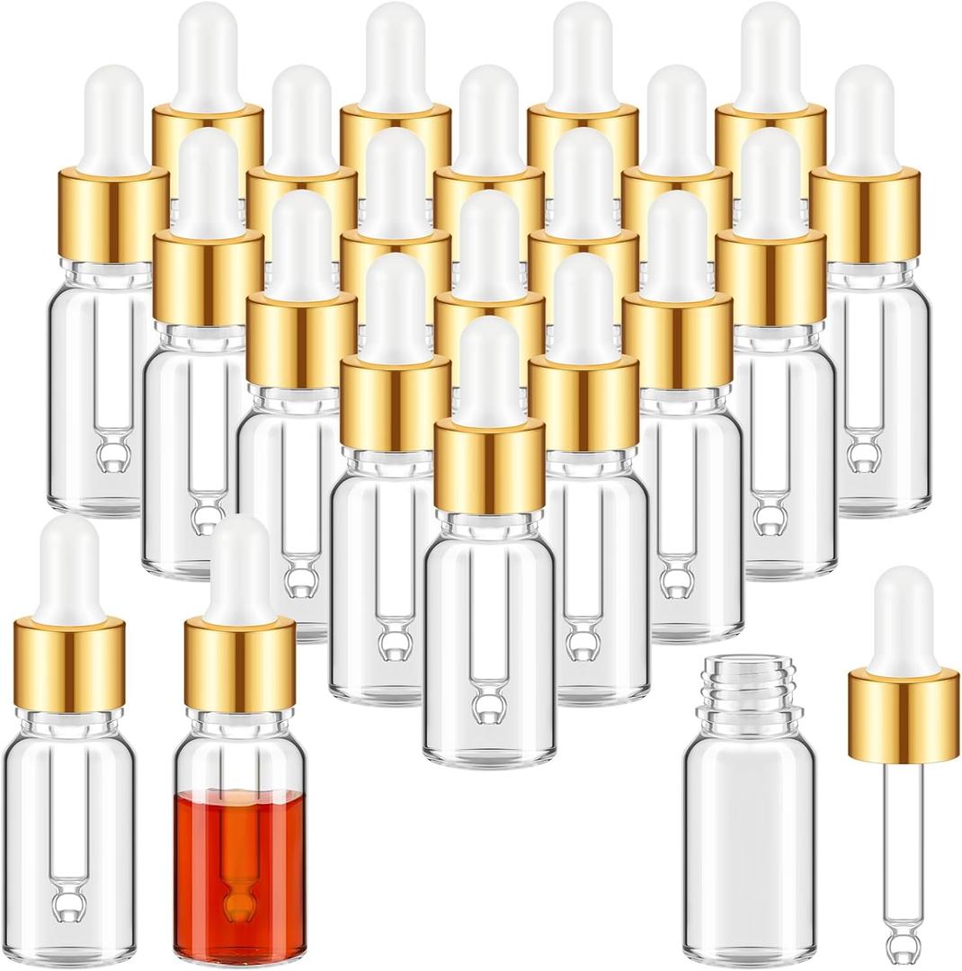 100 Pcs Mini Glass Oil Dropper Bottle Bulk, Clear Essential Small Empty Bottles Sample Containers Perfume Liquid Vials with Cap for Traveling (10 ml,Gold)