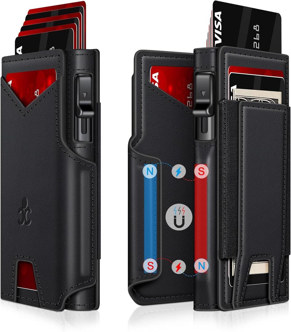 Wallet for Men Wallet with Slim Pop Up Card Holder 9-13 Cards, Bifold Minimalist Smart Wallet RFID Blocking Credit Card Holder with ID Window & Stretchable Cash Slot Compact Metal Aluminum Card Case (Black)