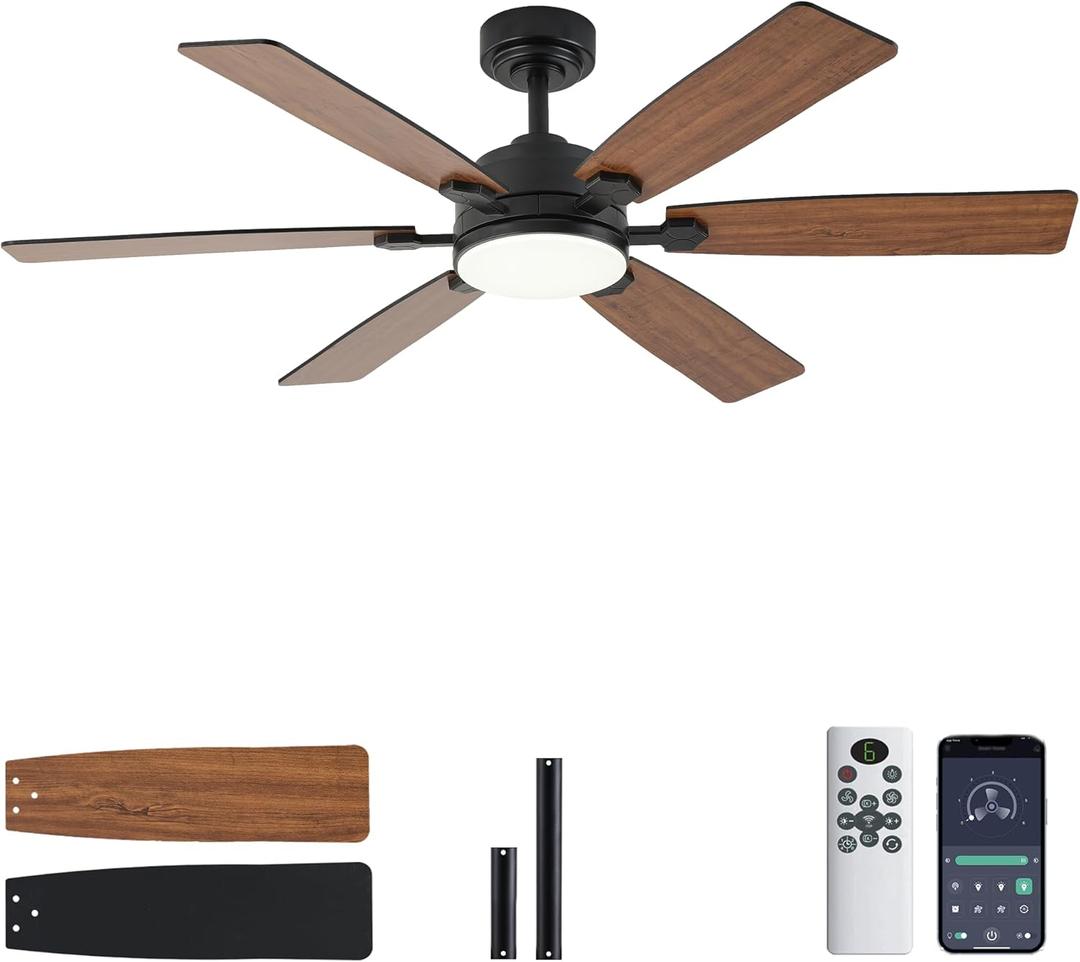 Ceiling Fans with Lights, 52" Ceiling Fan with Light and Remote Control, Reversible DC Motor, 3CCT, Dimmable, Timer, Noiseless, Brown Ceiling Fan for Bedroom Living Room, Indoor/Outdoor Use
