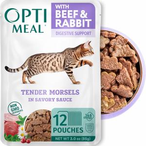 Optimeal Grain-Free Wet Cat Food Pouches Beef & Rabbit in Savory Gravy, High Protein & Moisture-Rich Tender Morsels, Indoor Adult Cat Wet Food with Natural European Ingredients, 3 oz (Pack of 12), Best By July 2, 2027