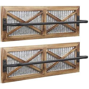 2PCS Rustic Bathroom Towel Rack, Butizone Wall Mounted Towel Bar Holder with Weathered Wood and Corrugated Galvanized Metal, Farmhouse Rack for Hanging Towel (Towels are not Included)