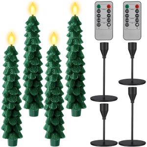 Baquler 4 Sets Flameless Christmas Tree Taper Candles with Holders Remote Control 9.7 LED Taper Candles Battery Operated Candlesticks with 3D Flickering Flame for Holiday Window Fireplace Decor