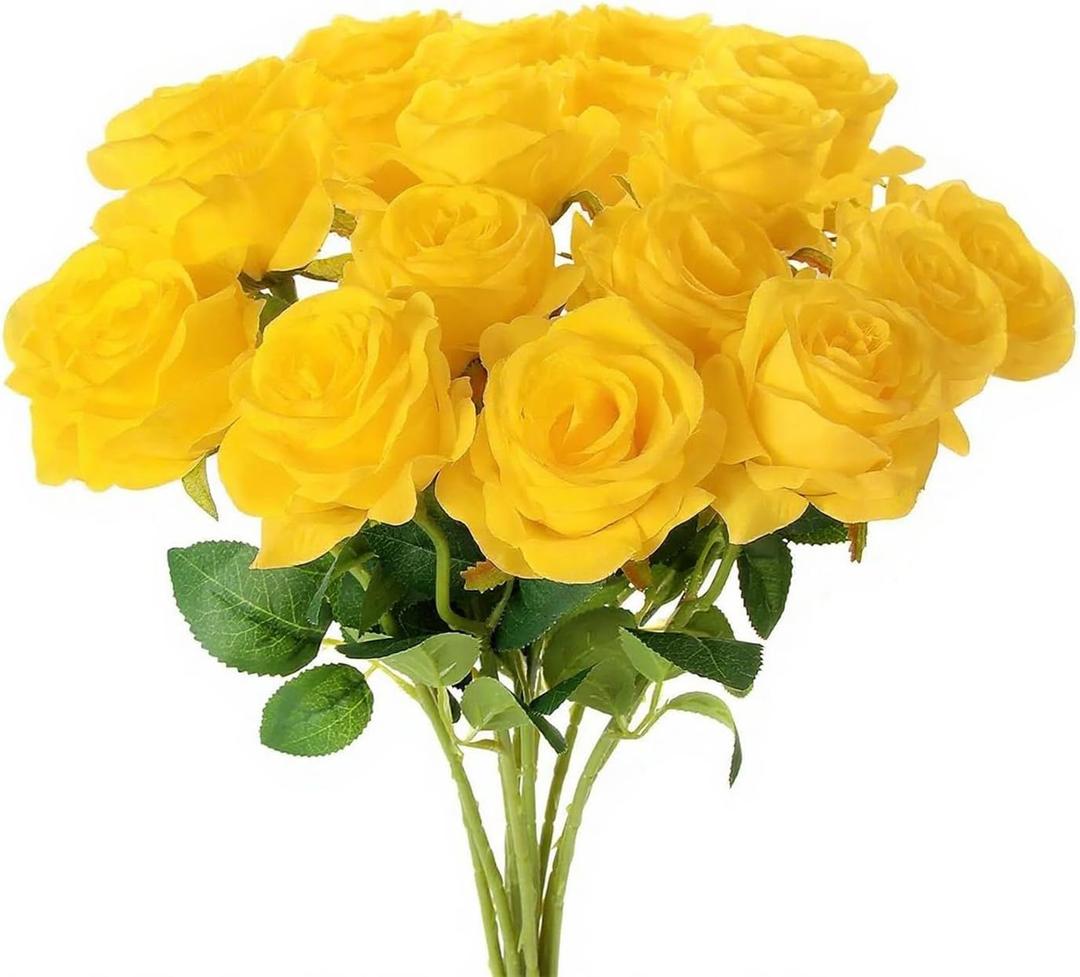 Yellow Roses Artificial Flowers 15 PCS, Fake Roses Silk Flowers with Long Stems, Faux Rose for Wedding Centerpieces, Home Decor, Indoor Floral Arrangements, Party Decor, DIY Bouquet (Yellow)