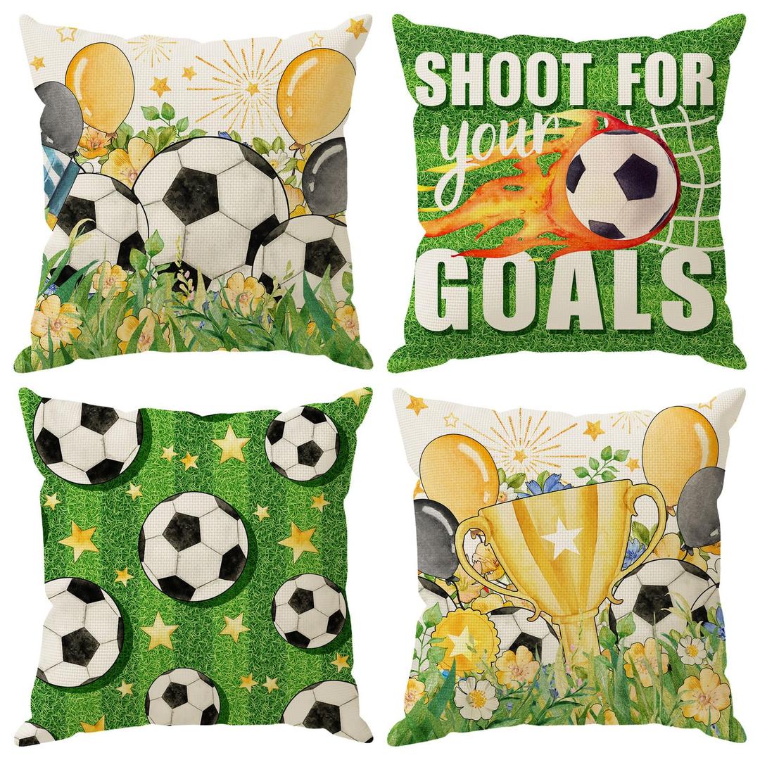 ZAEW Soccer Grass Trophy Flowers World Cup Pillow Covers Throw Pillow Cases Set of 4 Decorations for Home Sofa Cushion Cover Game Day Soccer Party Holiday Decor 18x18 Inch