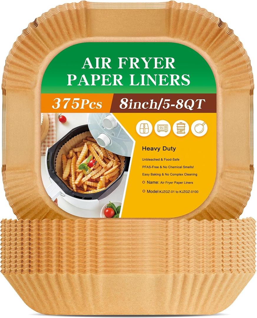 375Pcs Air Fryer Paper Liners, 8" Square Air Fryer Liners Disposable, Heavy-Duty Parchment Paper for 5-8 qt Airfryer, Non-Stick & Non-Leak Paper Liners for Oven Pan, Deep Fryer Parts & Accessories